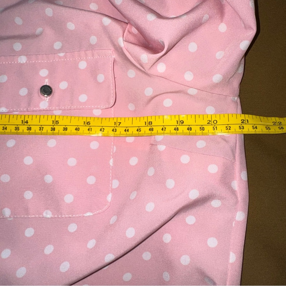 Pink Polka Dot Button-Front Utility Blouse with Silver Buttons and Chest Pockets - Picture 9 of 10